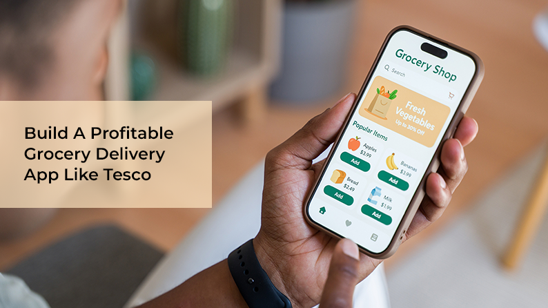 Mobile grocery app interface with fresh produce and delivery icons